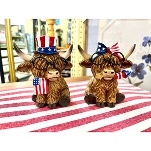 NEW PATRIOTIC 4th of July Highland Cows Figurines with Bow and Flag